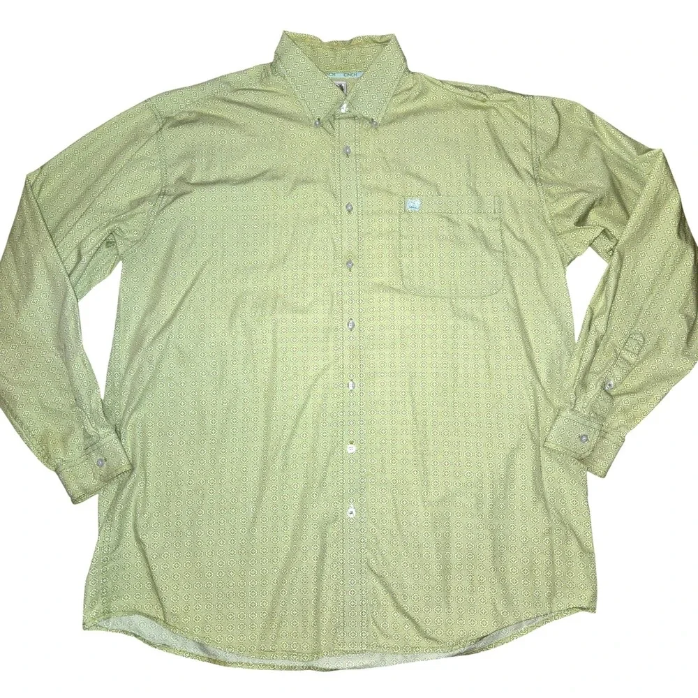 Cinch Button Down Shirt Men's‎ Size XL Lime Green Geometric Print Long Sleeve